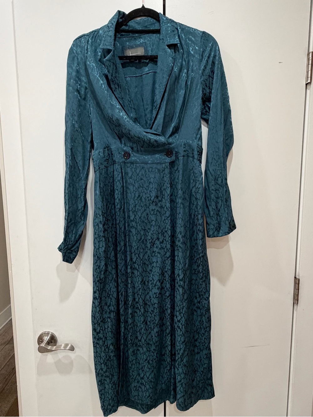 Anthropologie Blazer Wrap Dress Dark Teal Satin Textured Midi Long Sleeve Sz 8 - Picture 11 of 12